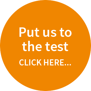 Orange spot containing text 'Put us to the test. Click here...'